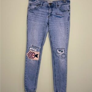 Free People patchwork Jeans embroidery distressed holes 28 waist 31 length woman